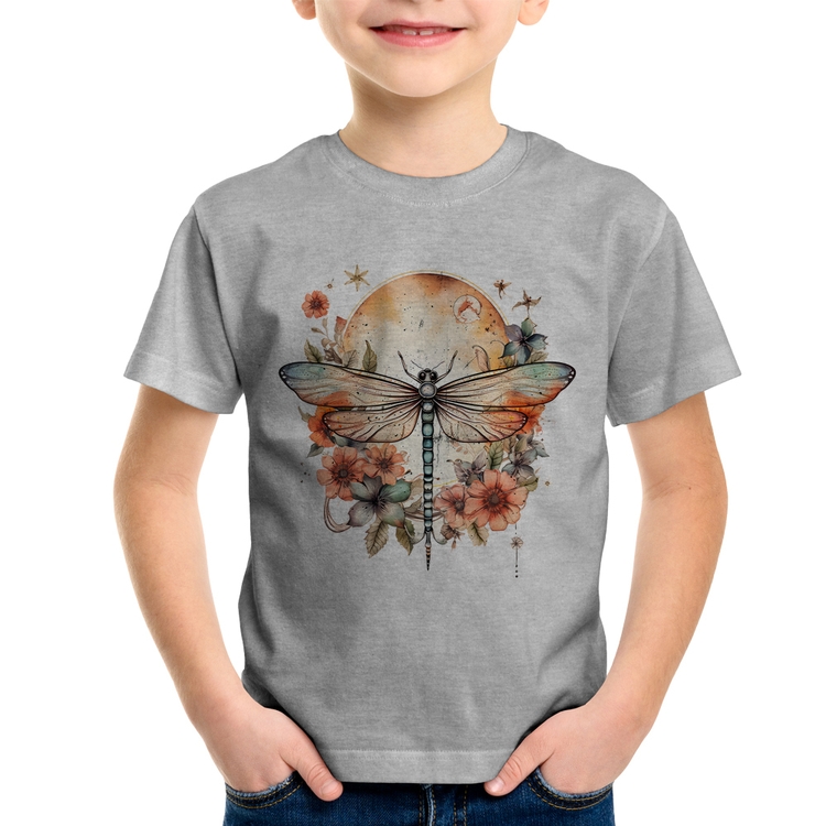 Camiseta Infantil Libélula, Lua e Flores - Cinza
