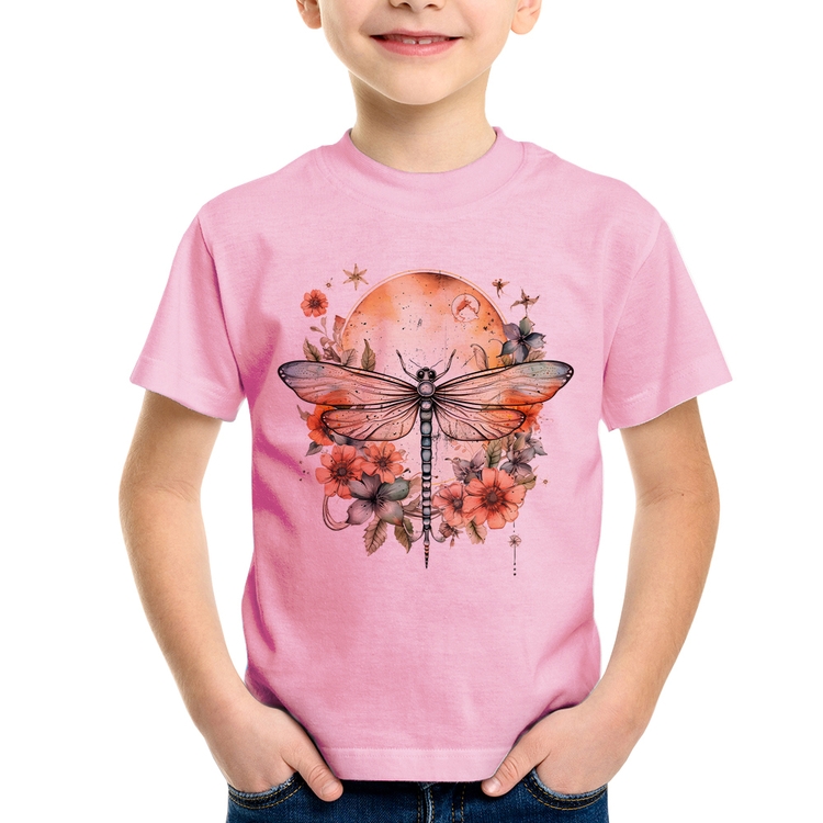 Camiseta Infantil Libélula, Lua e Flores - Rosa Bebê