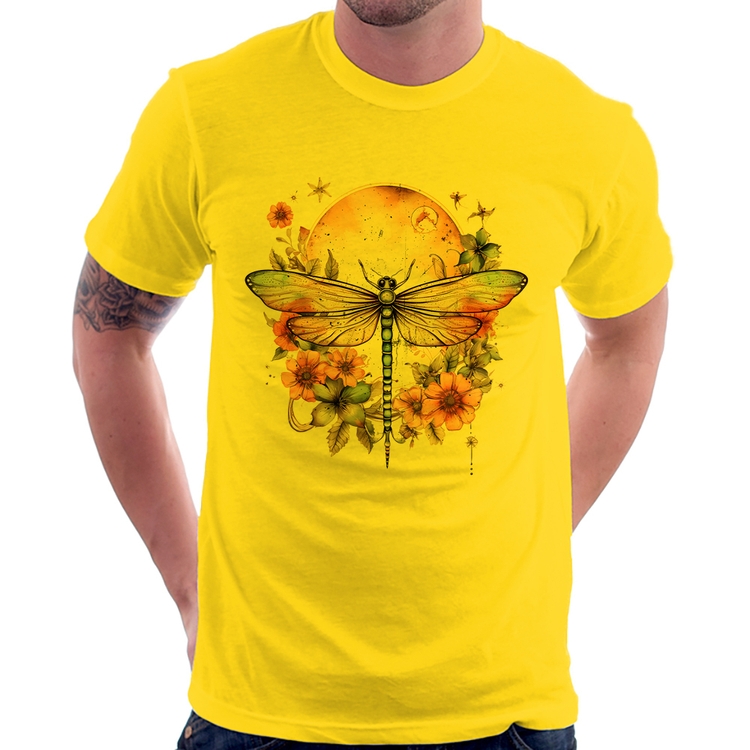Camiseta Libélula, Lua e Flores - Amarela