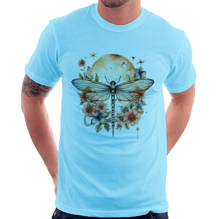 Camiseta Libélula, Lua e Flores - Azul Bebê