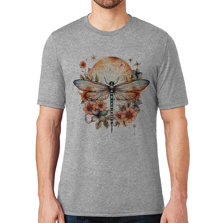 Camiseta Libélula, Lua e Flores - Cinza