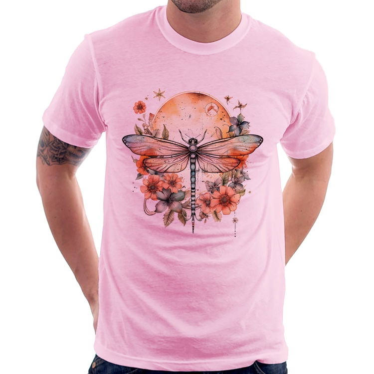 Camiseta Libélula, Lua e Flores - Rosa Bebê
