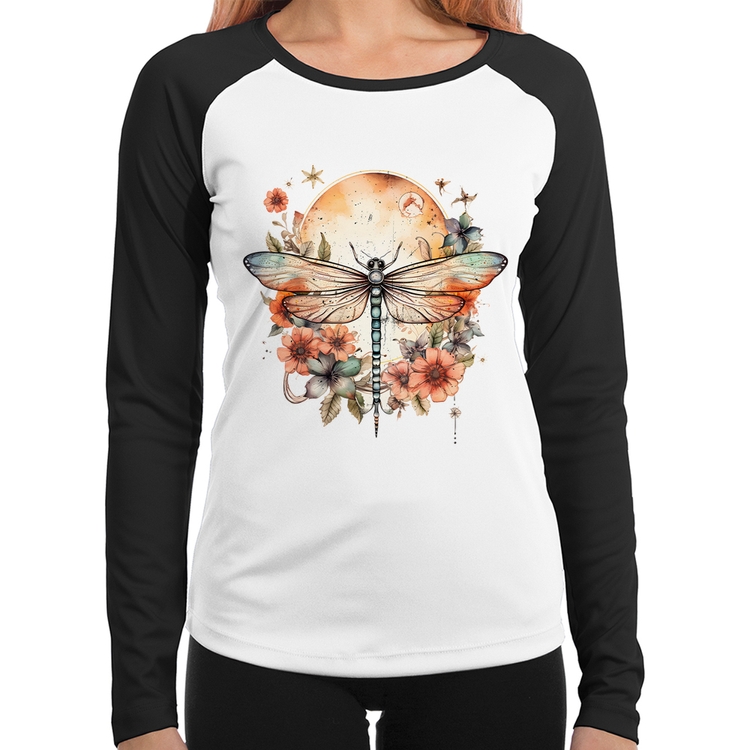 Baby Look Raglan Libélula, Lua e Flores Manga Longa
