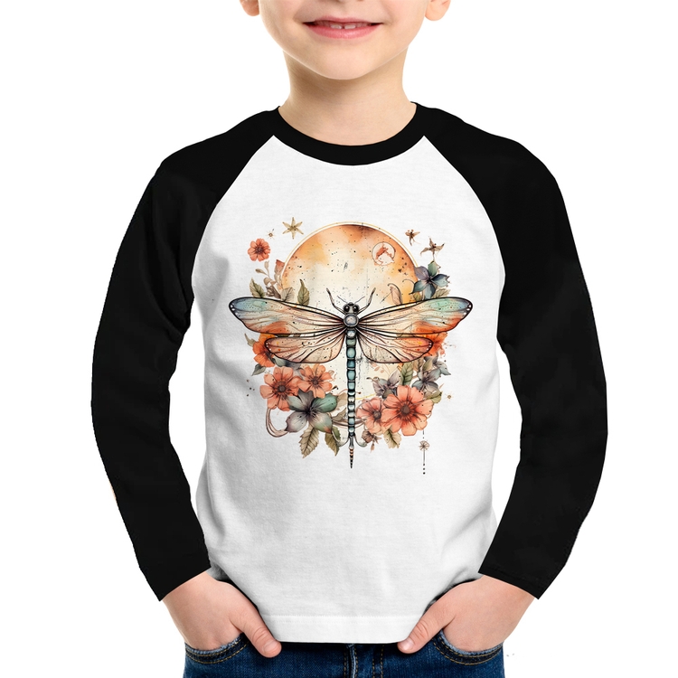 Camiseta Raglan Infantil Libélula, Lua e Flores Manga Longa