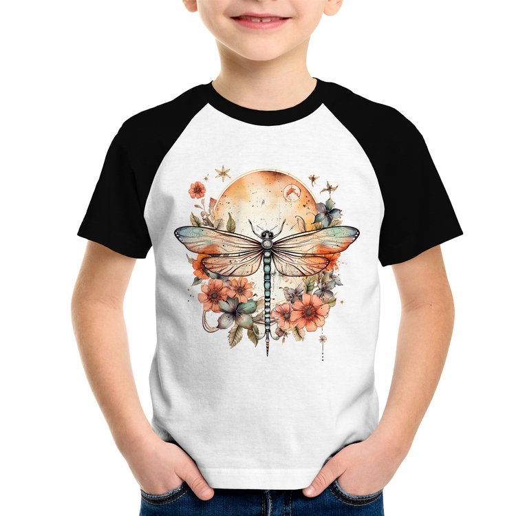 Camiseta Raglan Infantil Libélula, Lua e Flores
