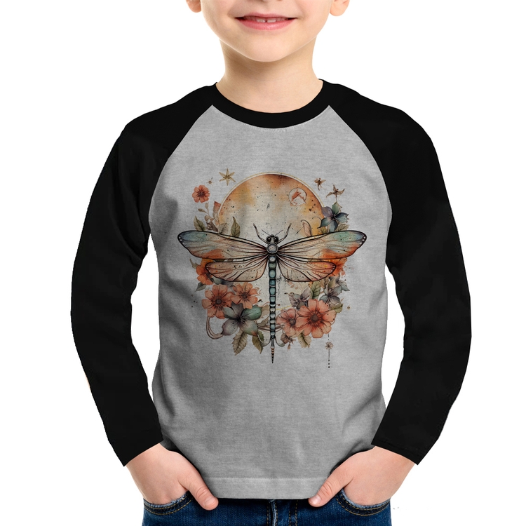 Camiseta Raglan Infantil Libélula, Lua e Flores Manga Longa - Cinza/Preto