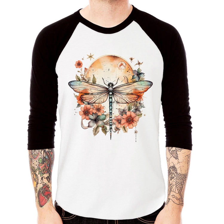 Camiseta Raglan Libélula, Lua e Flores Manga 3/4