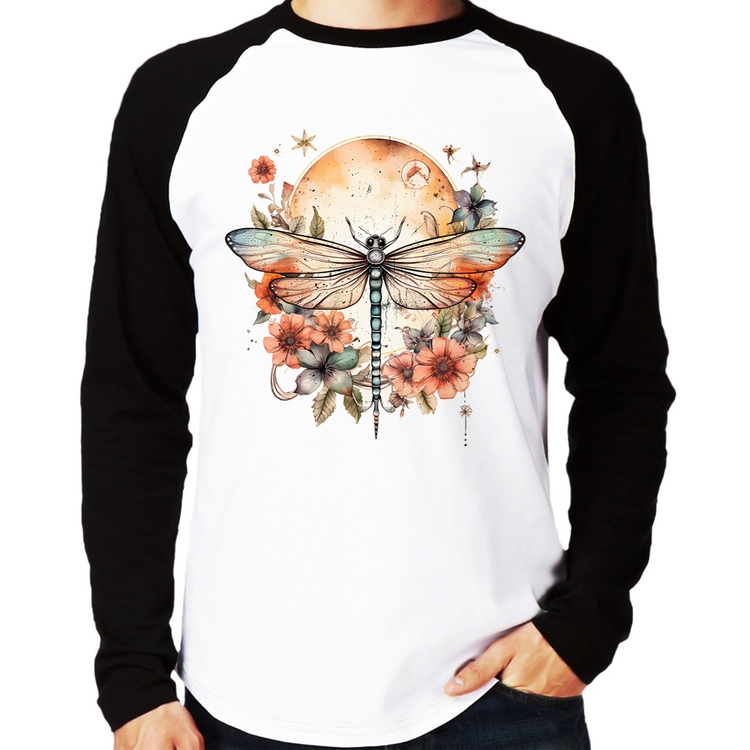 Camiseta Raglan Libélula, Lua e Flores Manga Longa