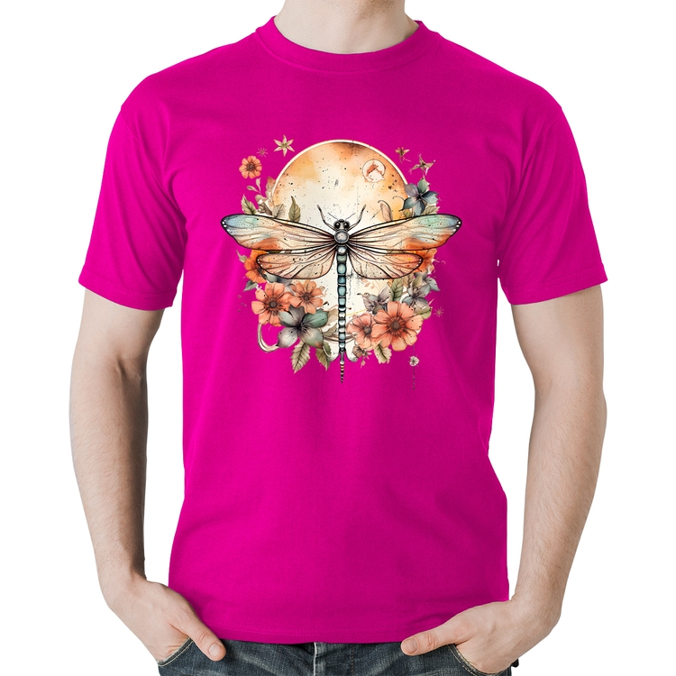 Camiseta Algodão Libélula, Lua e Flores - Rosa