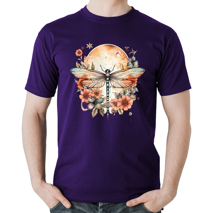Camiseta Algodão Libélula, Lua e Flores - Roxa