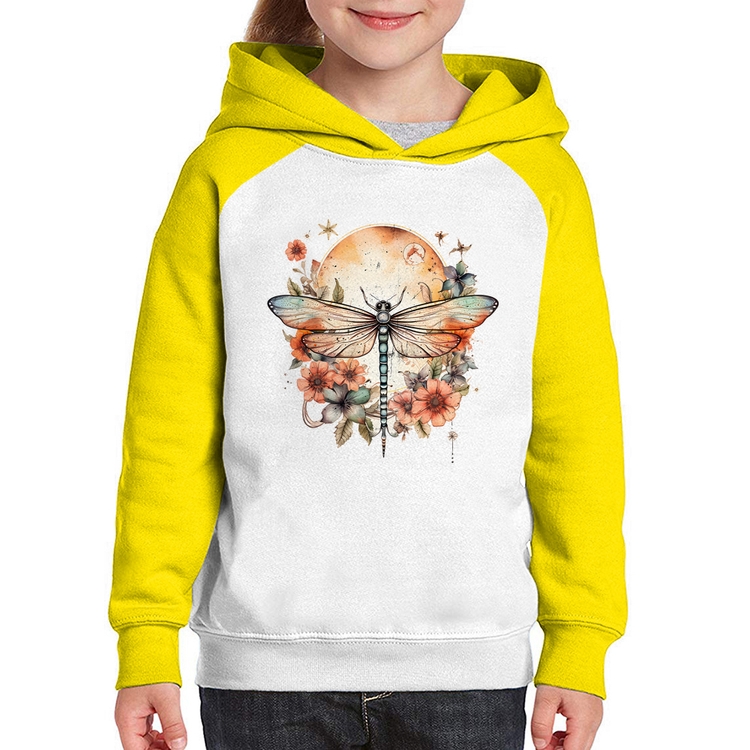 Moletom Infantil Libélula, Lua e Flores - Branco/Amarelo