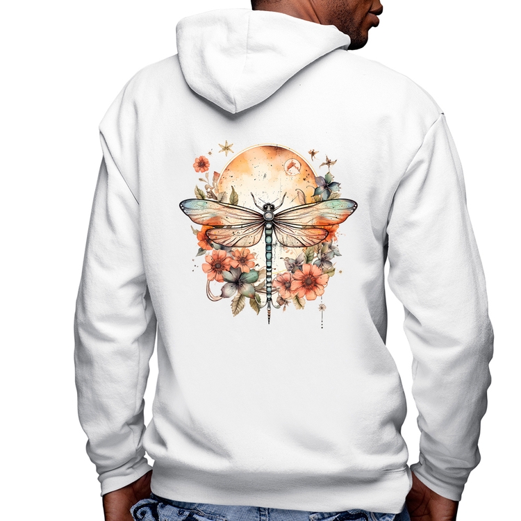 Blusa Moletom Libélula, Lua e Flores Masculina com Capuz e Zíper - Branca