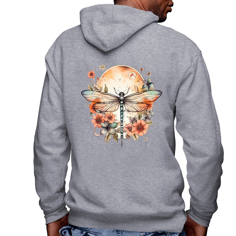 Blusa Moletom Libélula, Lua e Flores Masculina com Capuz e Zíper - Mescla