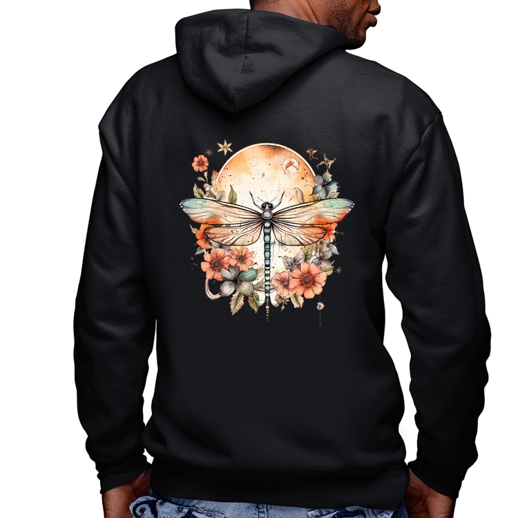 Blusa Moletom Libélula, Lua e Flores Masculina com Capuz e Zíper