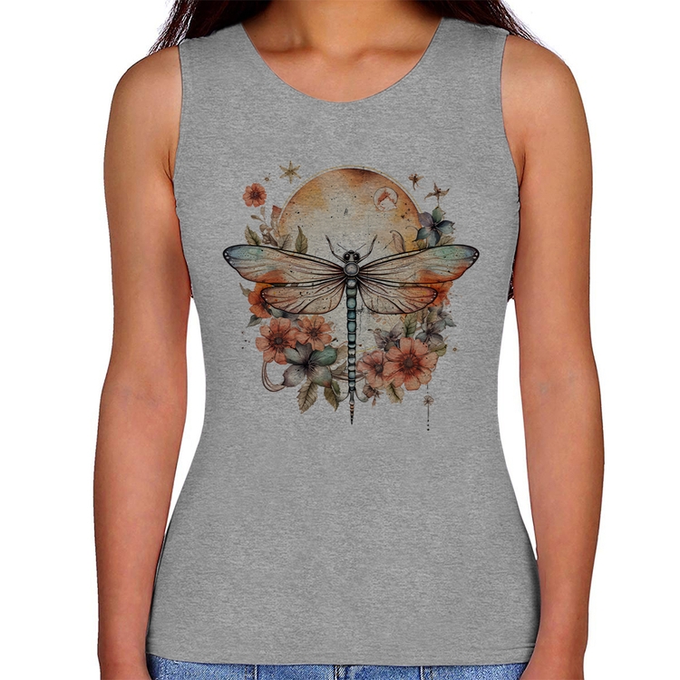 Regata Feminina Libélula, Lua e Flores - Cinza