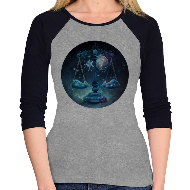 Baby Look Raglan Libra Sígno Manga 3/4 - Cinza/Preto