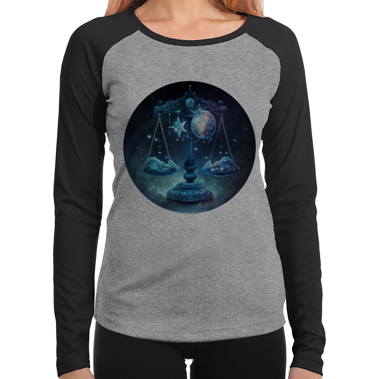 Baby Look Raglan Libra Sígno Manga Longa - Cinza/Preto