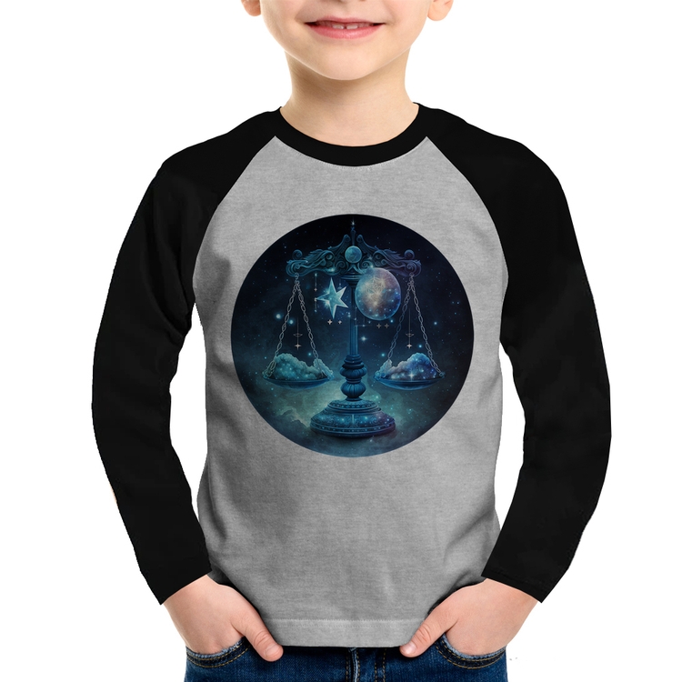 Camiseta Raglan Infantil Libra Sígno Manga Longa - Cinza/Preto