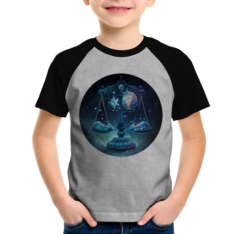 Camiseta Raglan Infantil Libra Sígno - Cinza/Preto