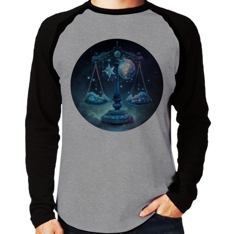 Camiseta Raglan Libra Sígno Manga Longa - Cinza/Preto