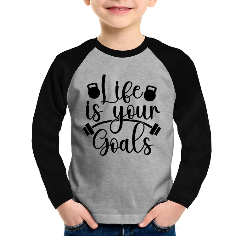 Camiseta Raglan Infantil Life Is Your Goals Manga Longa - Cinza/Preto