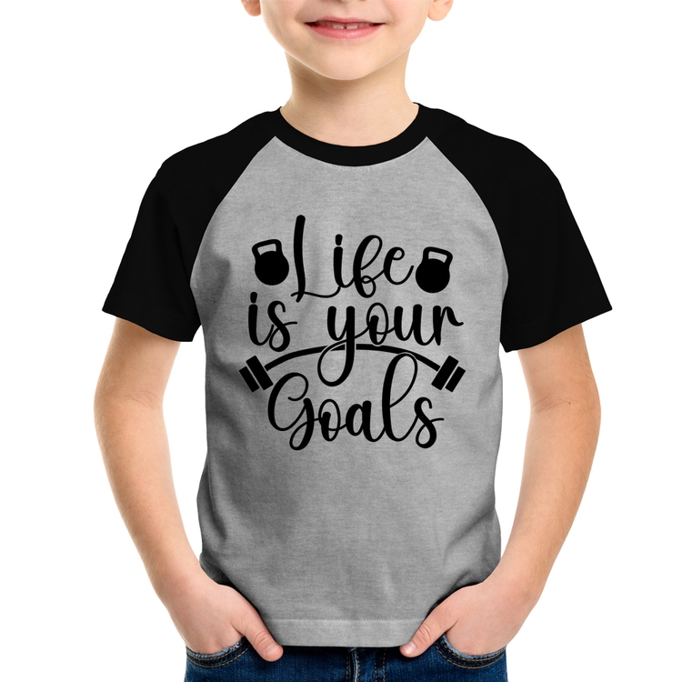 Camiseta Raglan Infantil Life Is Your Goals - Cinza/Preto