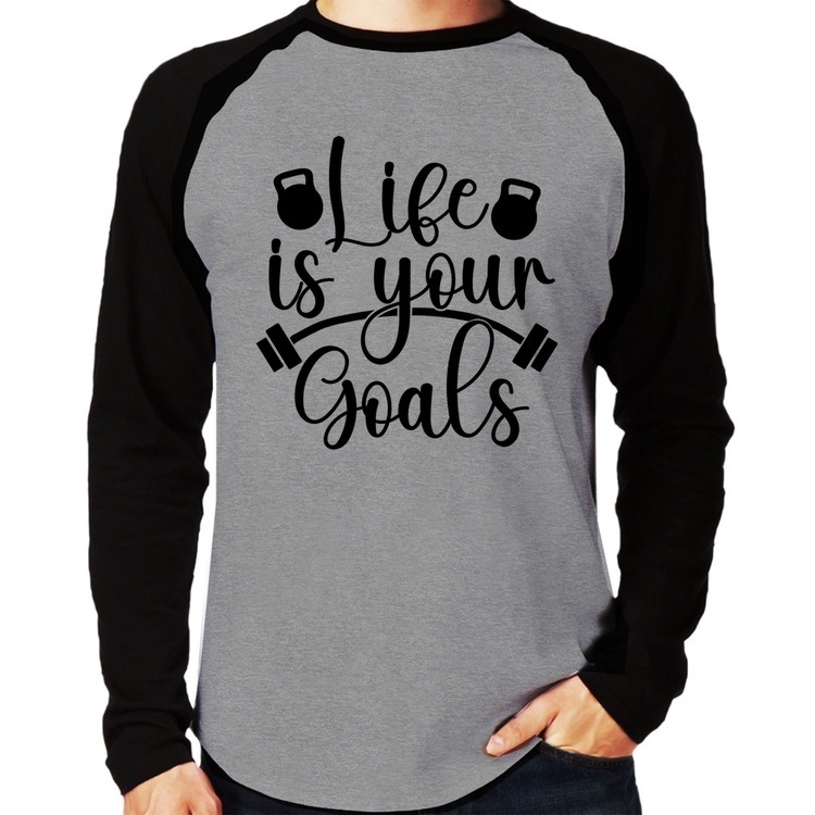 Camiseta Raglan Life Is Your Goals Manga Longa - Cinza/Preto