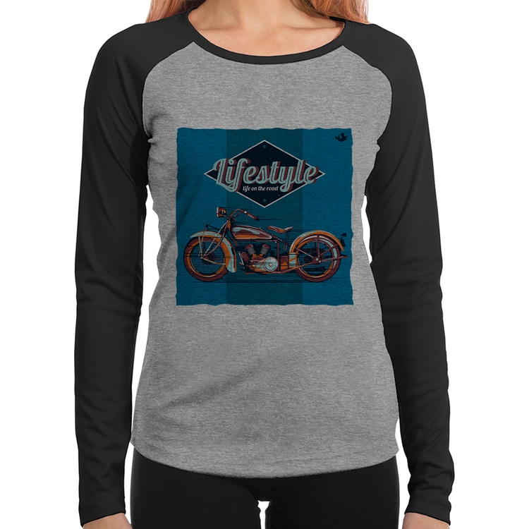 Baby Look Raglan Life on the road Manga Longa - Cinza/Preto