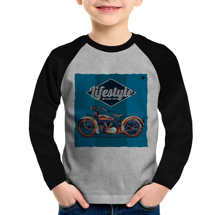 Camiseta Raglan Infantil Life on the road Manga Longa - Cinza/Preto