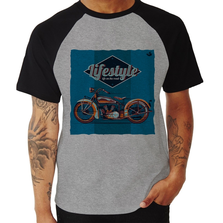 Camiseta Raglan Life on the road - Cinza/Preto