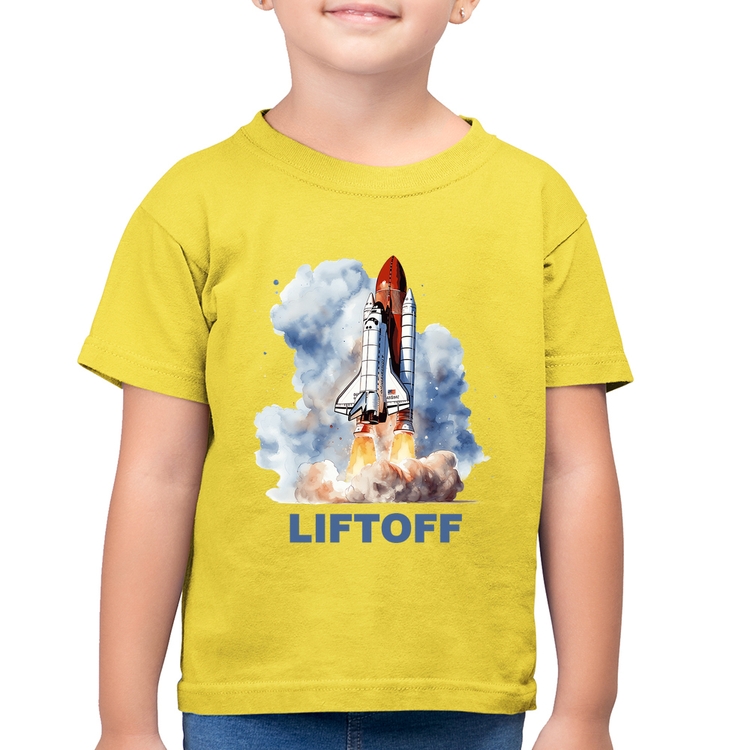 Camiseta Algodão Infantil Liftoff: Lançamento do Ônibus Espacial - Amarelo Canário