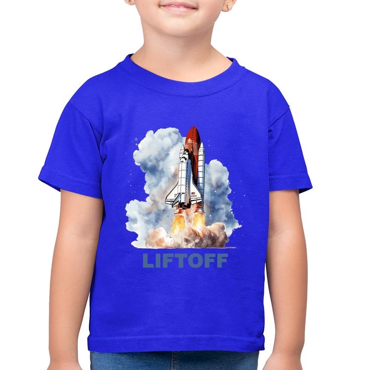 Camiseta Algodão Infantil Liftoff: Lançamento do Ônibus Espacial - Azul Royal