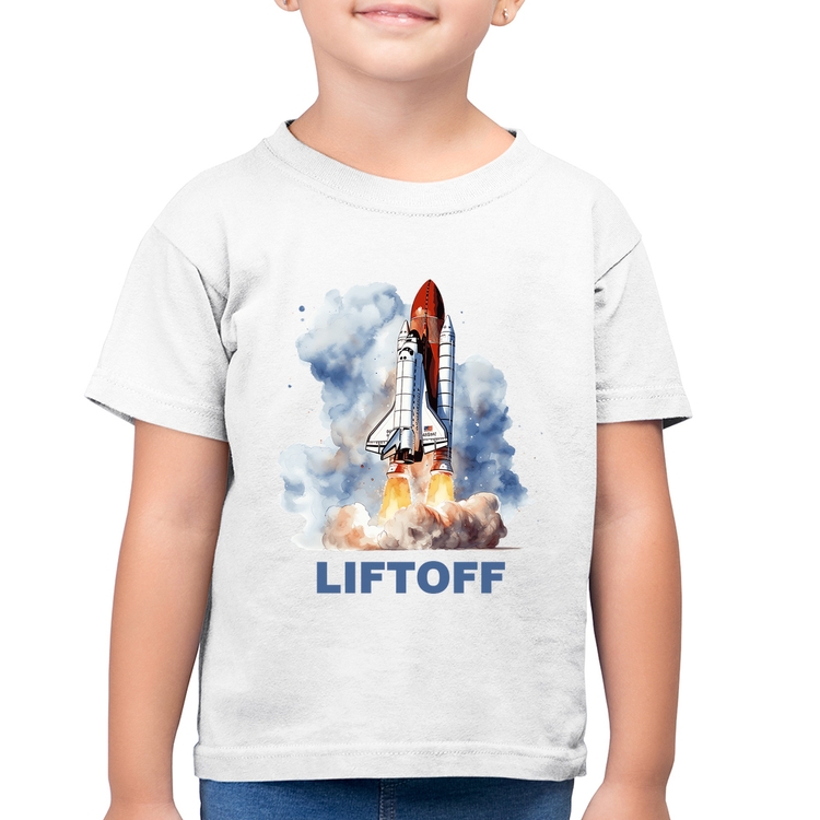 Camiseta Algodão Infantil Liftoff: Lançamento do Ônibus Espacial - Branca