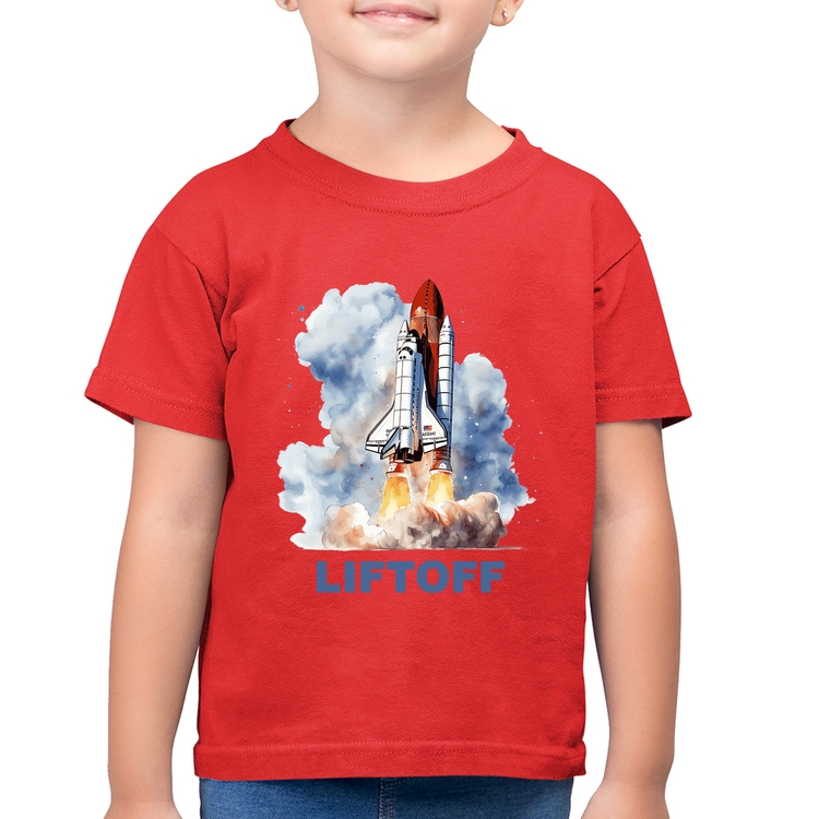 Camiseta Algodão Infantil Liftoff: Lançamento do Ônibus Espacial - Vermelha