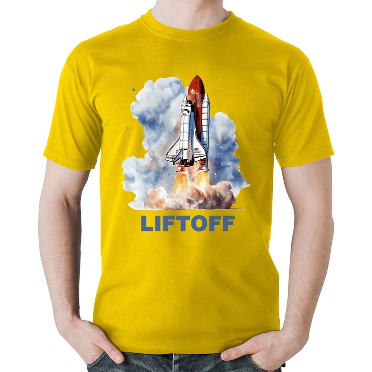 Camiseta Algodão Liftoff: Lançamento do Ônibus Espacial - Amarela