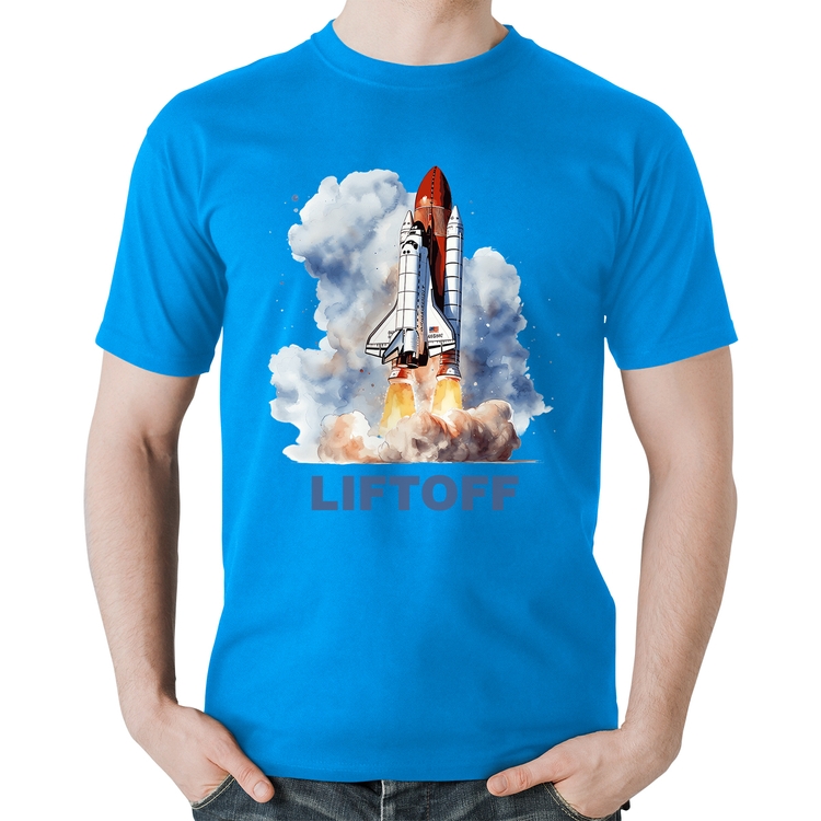 Camiseta Algodão Liftoff: Lançamento do Ônibus Espacial - Azul