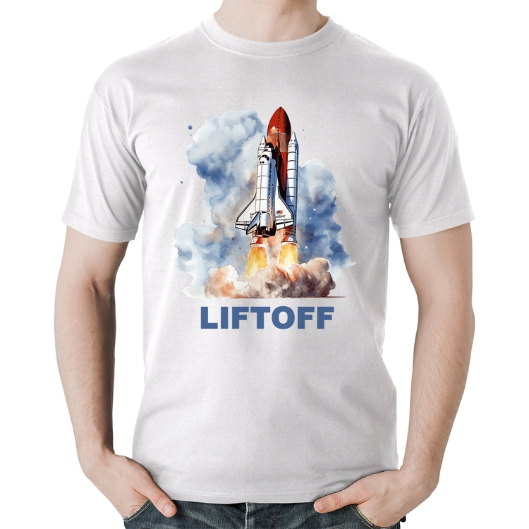 Camiseta Algodão Liftoff: Lançamento do Ônibus Espacial - Branca