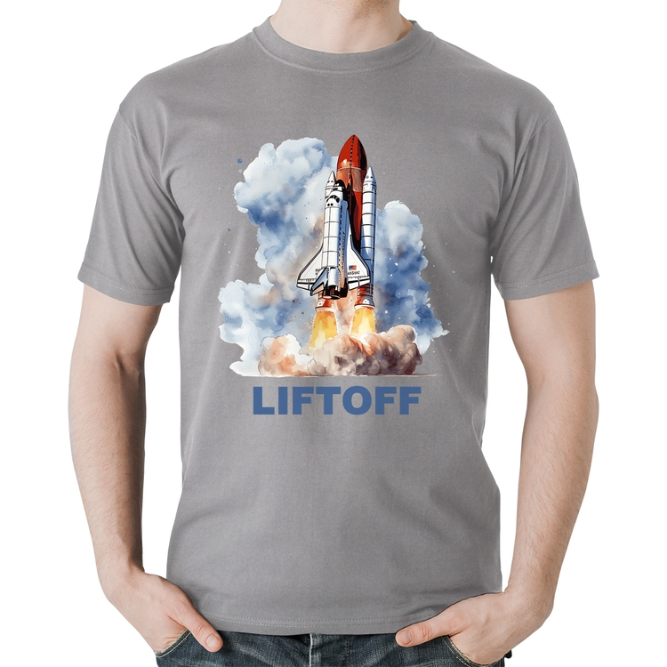 Camiseta Algodão Liftoff: Lançamento do Ônibus Espacial - Cinza