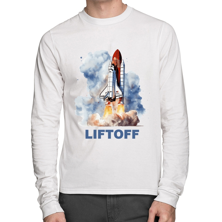 Camiseta Algodão Liftoff: Lançamento do Ônibus Espacial Manga Longa - Branca