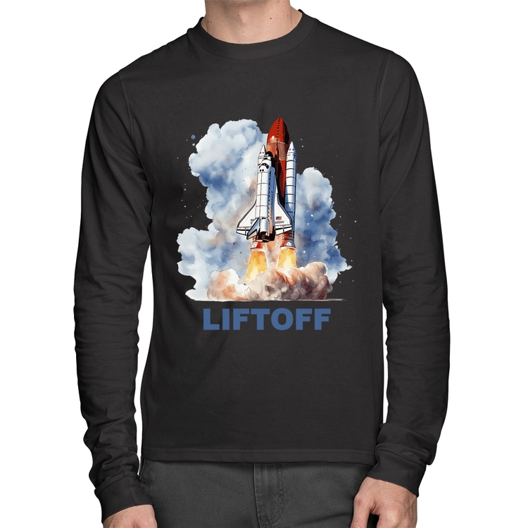 Camiseta Algodão Liftoff: Lançamento do Ônibus Espacial Manga Longa