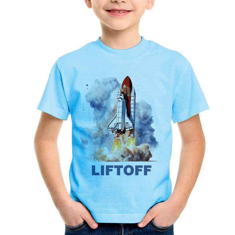 Camiseta Infantil Liftoff: Lançamento do Ônibus Espacial - Azul Bebê