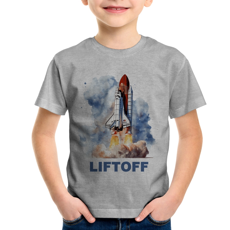 Camiseta Infantil Liftoff: Lançamento do Ônibus Espacial - Cinza