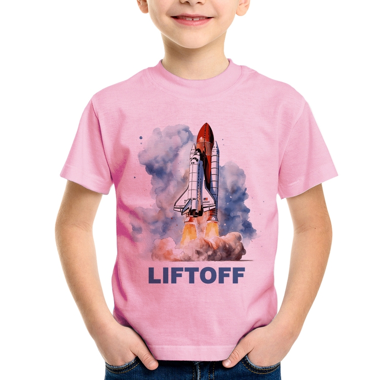 Camiseta Infantil Liftoff: Lançamento do Ônibus Espacial - Rosa Bebê