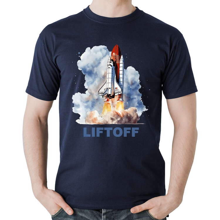 Camiseta Algodão Liftoff: Lançamento do Ônibus Espacial - Marinho