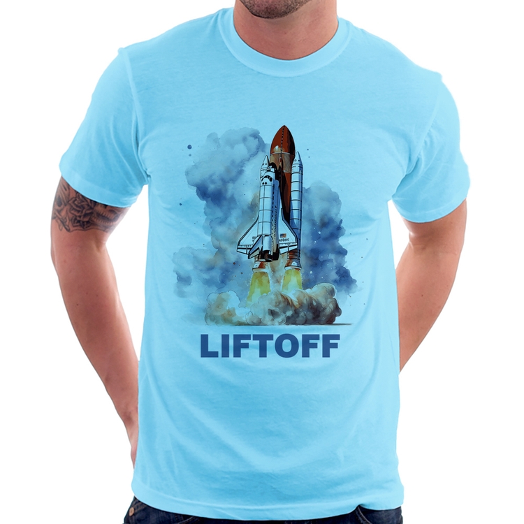 Camiseta Liftoff: Lançamento do Ônibus Espacial - Azul Bebê