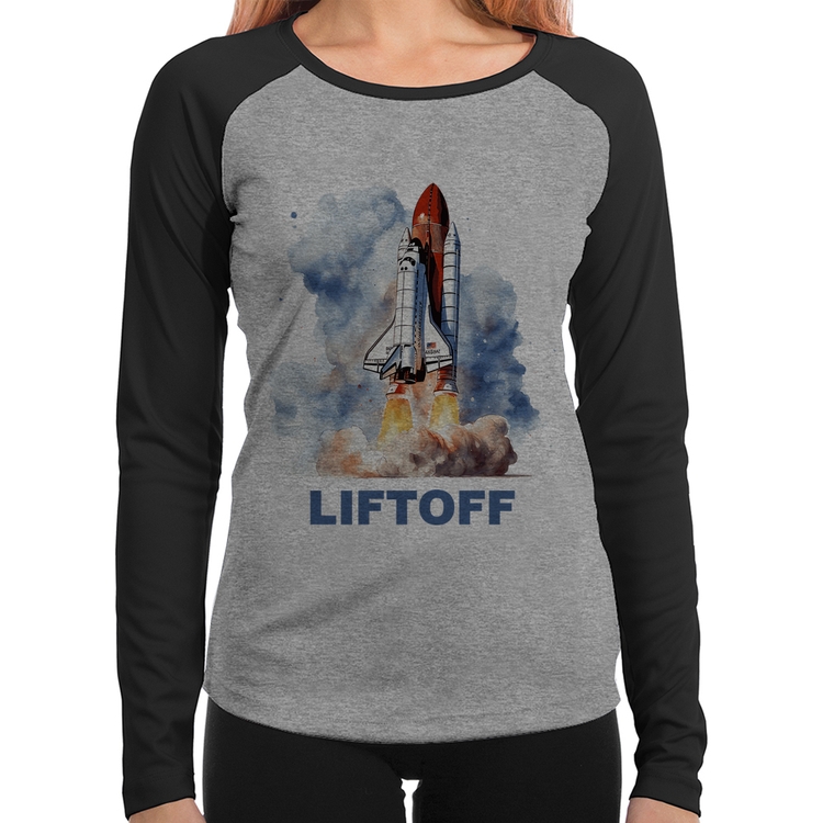 Baby Look Raglan Liftoff: Lançamento do Ônibus Espacial Manga Longa - Cinza/Preto