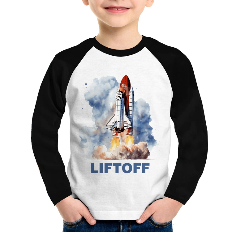 Camiseta Raglan Infantil Liftoff: Lançamento do Ônibus Espacial Manga Longa