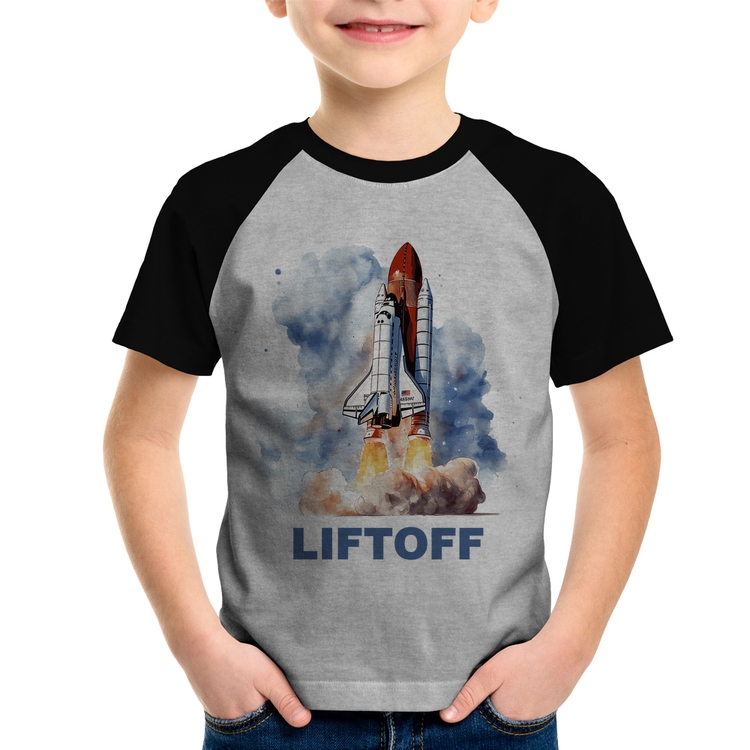Camiseta Raglan Infantil Liftoff: Lançamento do Ônibus Espacial - Cinza/Preto
