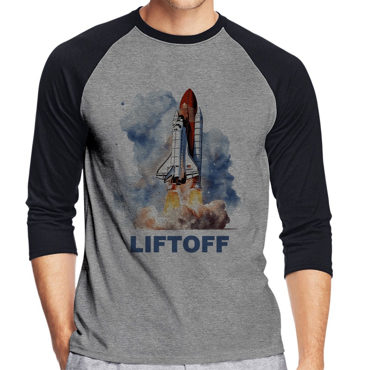 Camiseta Raglan Liftoff: Lançamento do Ônibus Espacial Manga 3/4 - Cinza/Preto