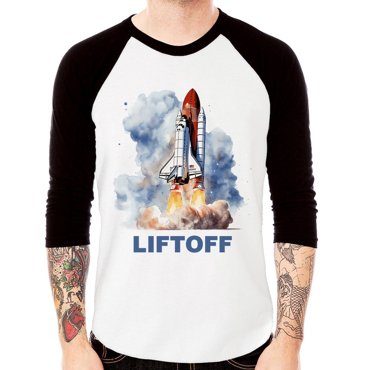 Camiseta Raglan Liftoff: Lançamento do Ônibus Espacial Manga 3/4